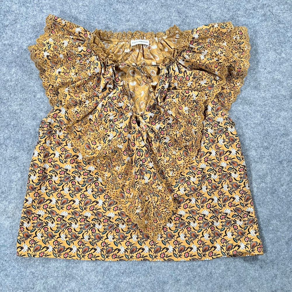 Ulla Johnson Blouse Womens 8 Yellow Floral Eyelet Lace Ruffle Flutter Sleeve Top